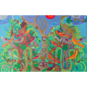 Two Trees and Fig Leaves in the Garden of Desire, mixed media on paper, 26x40 inches, ©Denise Weaver Ross