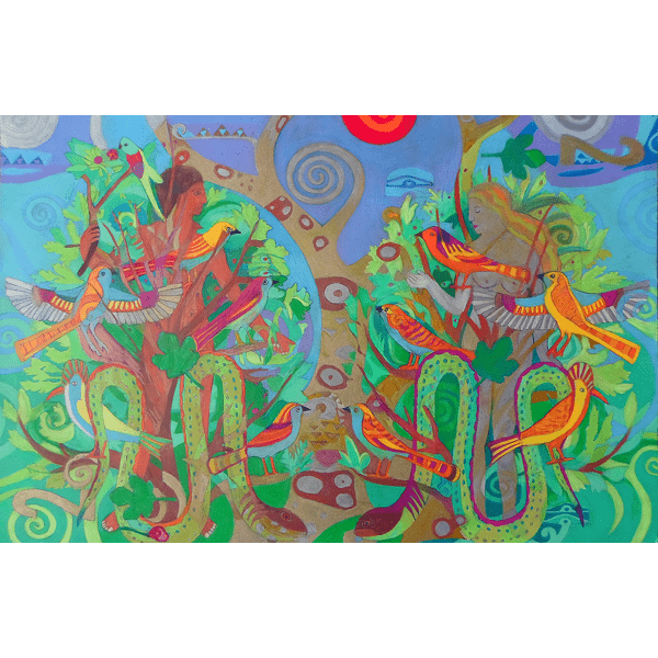 Two Trees and Fig Leaves in the Garden of Desire, mixed media on paper, 26x40 inches, ©Denise Weaver Ross
