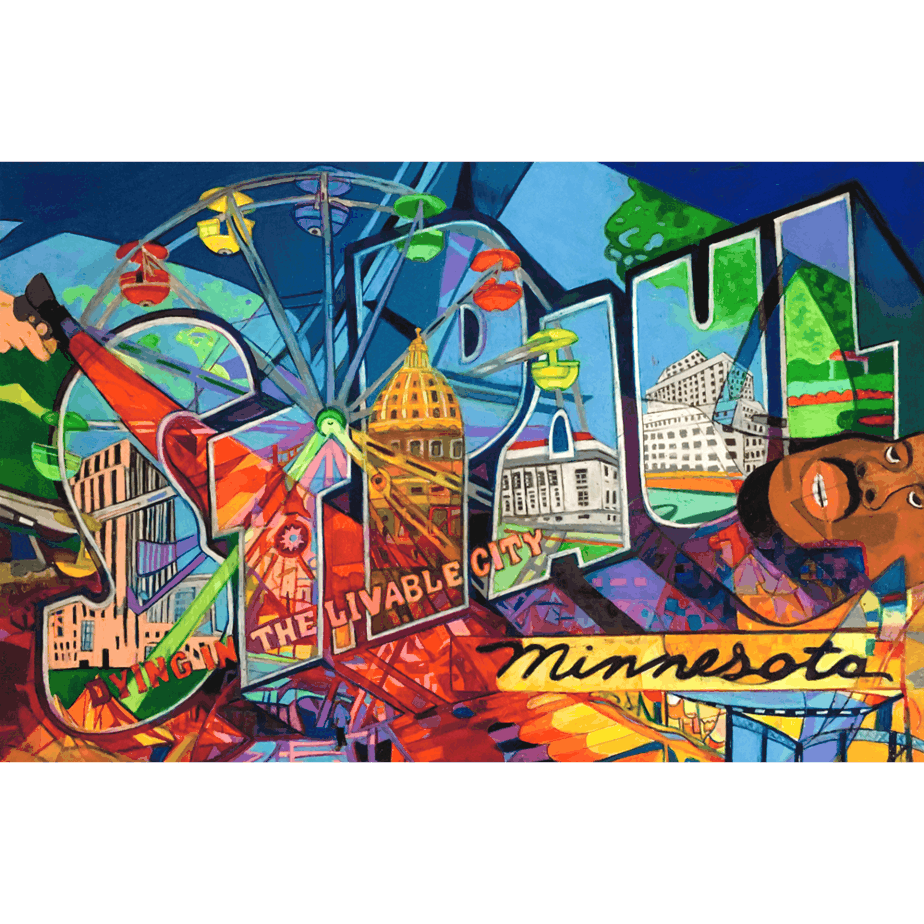 St. Paul MN: Dying in the Liveable City, Mixed media on paper, 26x40 inches, © Denise Weaver Ross