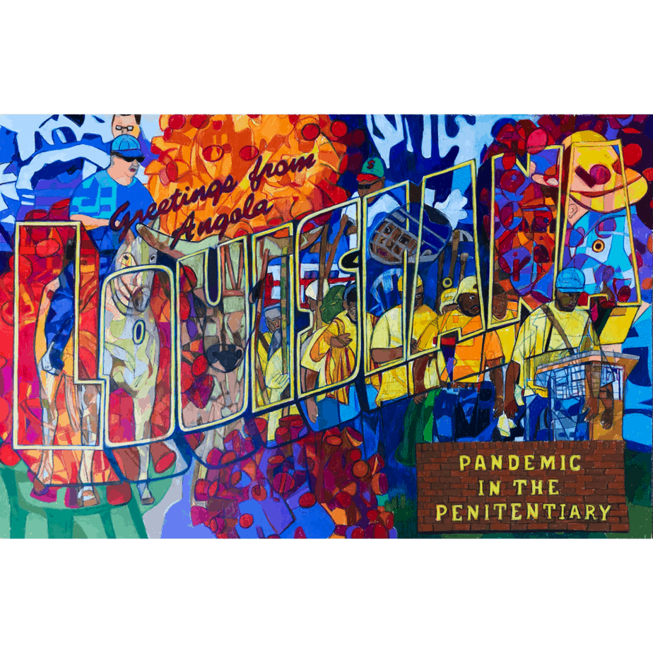 Angola LA: Pandemic at the Penitentiary, mixed media on paper, 26x40 inches, © Denise Weaver Ross, 2020