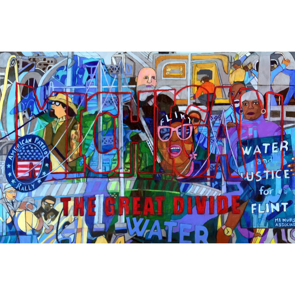 Michigan: The Great Divide, mixed media on paper, 26x40 inches, ©Denise Weaver Ross