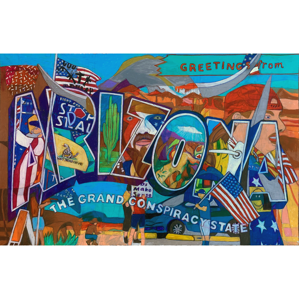 ARIZONA-The Grand Conspiracy State, mixed media on paper, 26x40 inches, ©Denise Weaver Ross