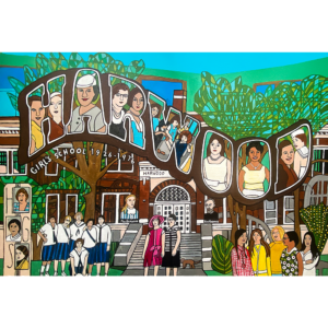 Harwood Girls School, mixed media on paper, 26x40-inches, ©Denise Weaver Ross