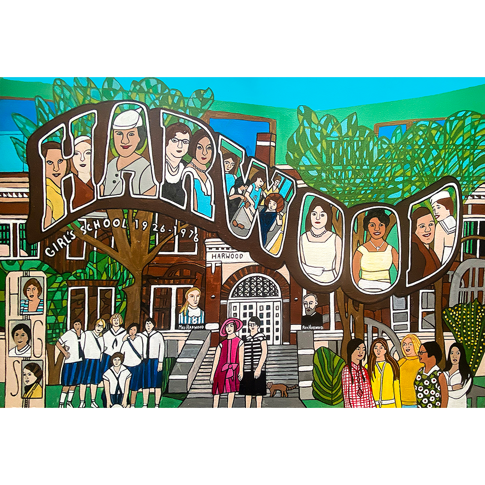 Harwood Girls School, mixed media on paper, 26x40-inches, ©Denise Weaver Ross